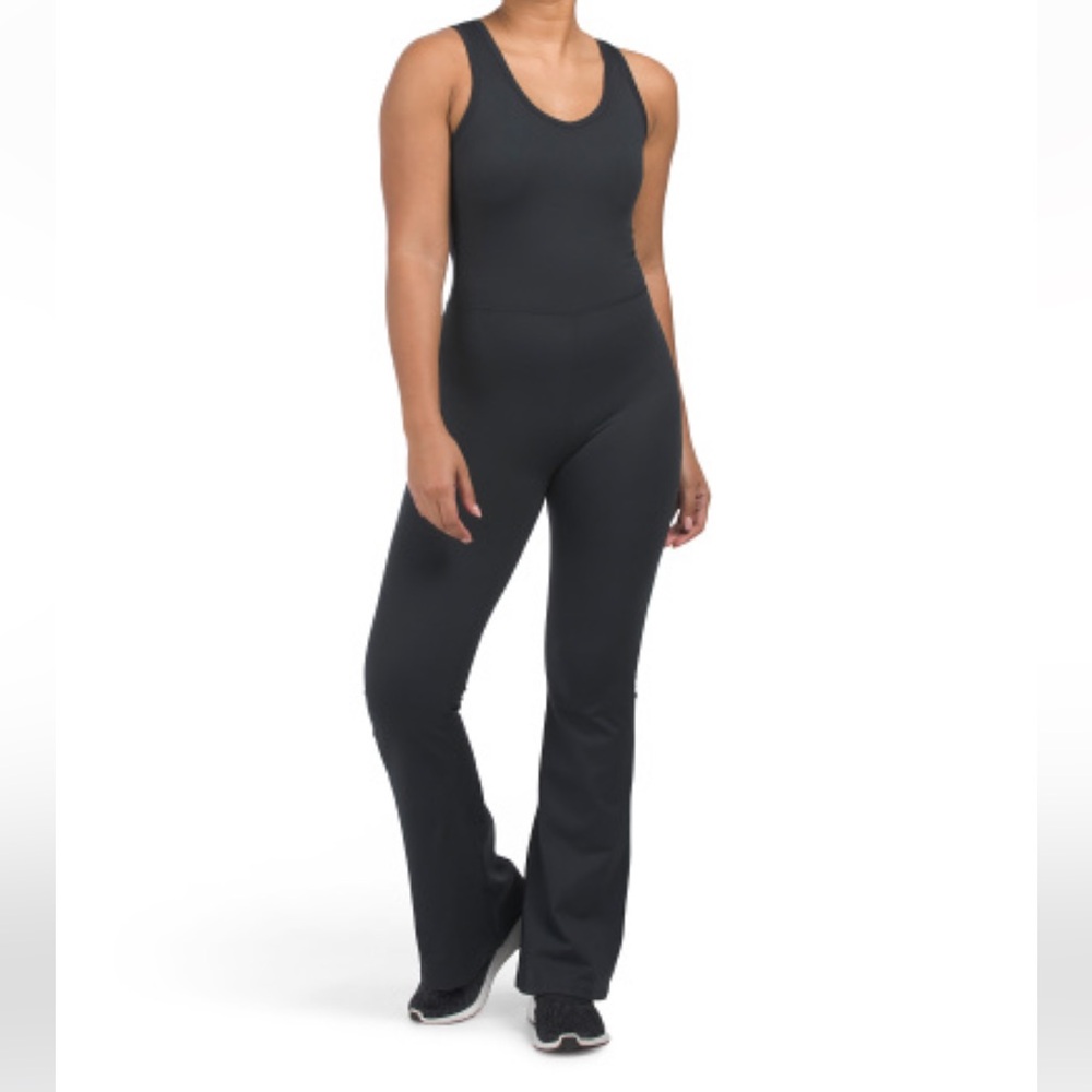 NWOT BALANCE COLLECTION Mandy Flare Black Yoga Bodysuit Jumpsuit in size large - Picture 1 of 2